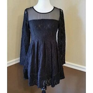 Black Lace Dress Pleated Long Sleeve Fit & Flare Whimsigoth Fairy Coquette Med